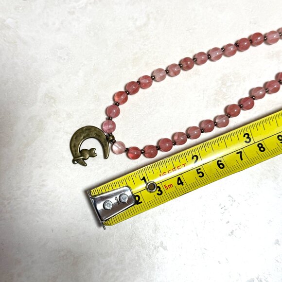 Cherry Quartz Short Necklace with Bronze Cat on the Moon Pendant - Picture 11 of 13